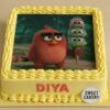 Square Angry Bird theme birthday cake with edible photo of Red and baby birds, yellow cream swirls