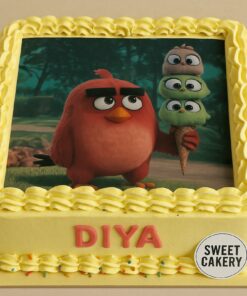 Square Angry Bird theme birthday cake with edible photo of Red and baby birds, yellow cream swirls
