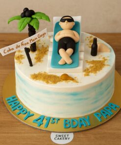 Beach theme cake with palm tree, sunbed, edible sand & toppers – Sweet Cakery Bangalore