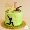Cricket lover birthday cake from Sweet Cakery in Bangalore featuring green cream base, edible bat, ball, stumps, and black player silhouette.