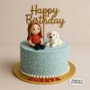 Cute birthday cake with fondant girl and white dog topper, quilted cream design