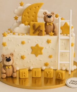 Sweet Cakery rectangular cream cake with teddy bears, yellow stars, clouds, and fondant moon, made for a six months birthday celebration
