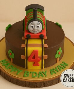 Thomas & Friends birthday cake with Percy train topper, fondant tracks, 3d age number