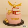 A custom Harry Potter theme cake by Sweet Cakery featuring pink buttercream, golden Snitch, stacked spell books and fondant wand