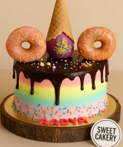 Sweet Cakery’s 100% eggless ice cream and donut design cake featuring pastel rainbow buttercream, chocolate drip, donuts, waffle cone and sprinkles