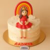 Rainbow princess theme birthday cake for girls with red fondant gown, crown topper, colourful rainbow, and Sweet Cakery branding on the board.