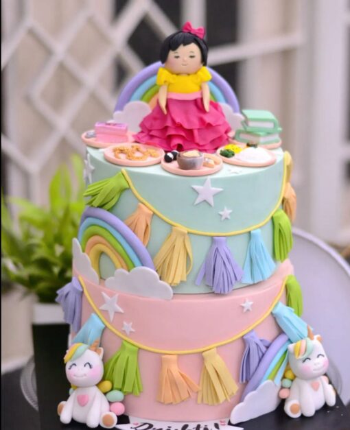 Girl with unicorn theme birthday cake