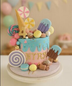 Candy-themed birthday cake with pastel fondant candies, ice creams, lollipops