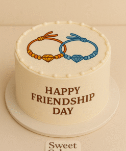 Friendship Day cake with orange and blue friendship bands