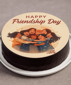 Friendship Day cake with group hug drawing and "Happy Friendship Day" message on top