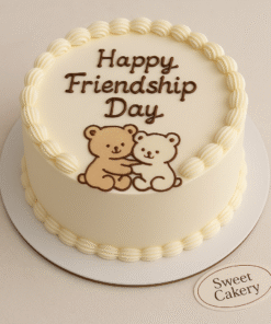 Friendship Day cake with two hugging teddy bears and “Happy Friendship Day” message on top