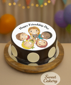 Friendship Day cake with cartoon children and “Happy Friendship Day” message
