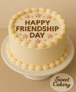 Friendship Day cake with pastel flowers and piped “Happy Friendship Day” message