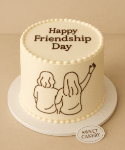 Friendship Day cake with two girls line drawing and “Happy Friendship Day” message