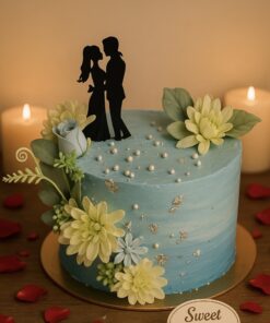 Blue cake with floral decorations, pearl beads, silver leaf, and romantic couple silhouette topper