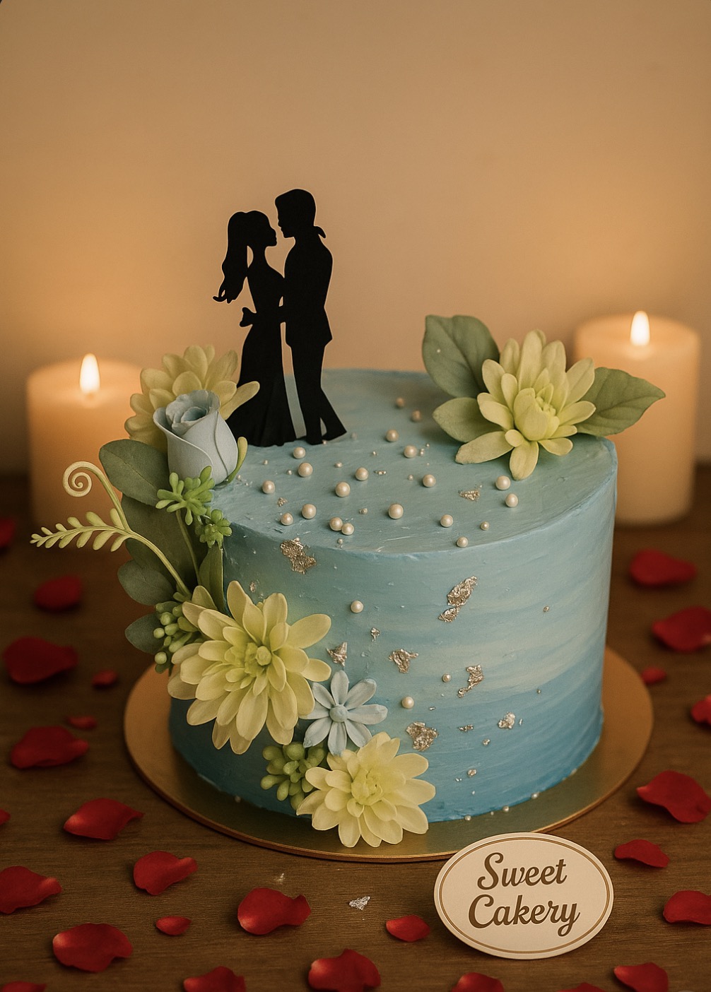 Romantic Blue Floral Cake with Couple Topper