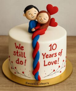 A round 10th anniversary cake with fondant couple hugging on top