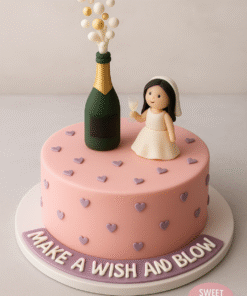 Bachelorette cake for girls with pink base, bride topper, champagne bottle and bubbly splash by Sweet Cakery Bangalore