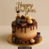 Chocolate New Year Cake with whiskey bottles, chocolates, and golden Happy New Year topper by Sweet Cakery Bangalore