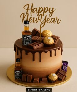 Chocolate New Year Cake with whiskey bottles, chocolates, and golden Happy New Year topper by Sweet Cakery Bangalore