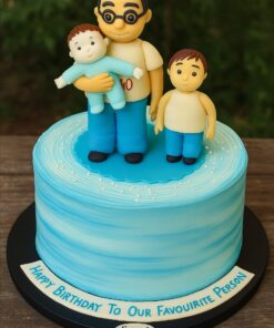 Family-themed birthday cake with edible custom figurines, handcrafted topper, smooth blue buttercream, and Sweet Cakery sticker — Bangalore delivery.