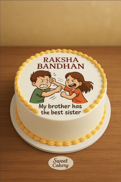 Funny Raksha Bandhan cake with cartoon siblings and “my brother has the best sister” message, by Sweet Cakery Bangalore