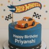 Hot Wheels theme birthday cake with orange car, race flags, and custom name, perfect for kids in Bangalore by Sweet Cakery