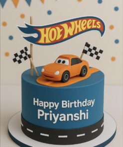 Hot Wheels theme birthday cake with orange car, race flags, and custom name, perfect for kids in Bangalore by Sweet Cakery
