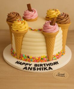 Ice Cream Cone Birthday Cake with colourful buttercream swirls