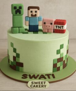 Minecraft gamer cake with fondant toppers, TNT block and pixel design – Sweet Cakery Bangalore