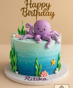 Ocean theme birthday cake with octopus topper, seaweed and corals in Bangalore – Sweet Cakery