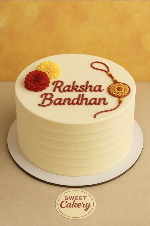 Raksha Bandhan special cake with handcrafted rakhi and marigold flowers, eggless festive cake by Sweet Cakery Bangalore