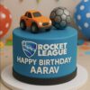 Rocket League birthday cake with orange car and football topper, customised with name, by Sweet Cakery Bangalore