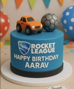 Rocket League birthday cake with orange car and football topper, customised with name, by Sweet Cakery Bangalore