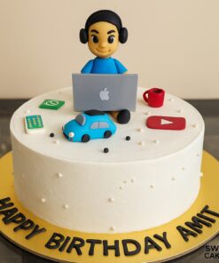 Social media lover birthday cake with fondant laptop, figurine topper, app icons, and elegant custom design — handcrafted by Sweet Cakery Bangalore.