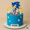 Sonic theme birthday cake in blue fondant with Sonic topper, yellow rings and white stars