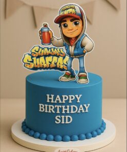 Subway Surfers theme birthday cake with game topper and personalised name, designed by Sweet Cakery Bangalore
