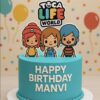 Toca Life World theme birthday cake with colourful character toppers and customised name for kids by Sweet Cakery Bangalore
