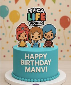 Toca Life World theme birthday cake with colourful character toppers and customised name for kids by Sweet Cakery Bangalore