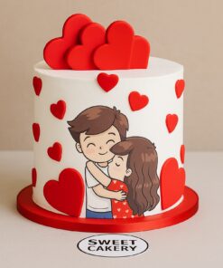 A single-tiered heart-themed red velvet cake with a couple topper, perfect for Valentine’s Day or anniversaries, handcrafted by Sweet Cakery Bangalore