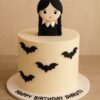 Wednesday Theme Birthday Cake with handmade topper and bats