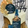 Round whiskey-themed birthday cake with Jack Daniel’s bottle and gold fan topper – adult cake design by Sweet Cakery Bangalore