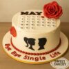 A bachelorette theme cake with a calendar topper, red rose, romantic couple silhouettes, and “Bye Bye Single Life” message.