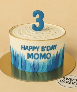 Birthday cake for 3 years old kid with blue and gold design, customised eggless cake in Bangalore