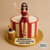 Fondant bachelorette cake with bride-to-be figurine, champagne bucket, and red-white design from Sweet Cakery Bangalore.