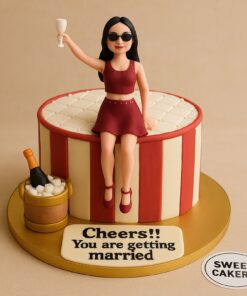 Fondant bachelorette cake with bride-to-be figurine, champagne bucket, and red-white design from Sweet Cakery Bangalore.