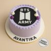 BTS ARMY birthday cake from Sweet Cakery in Bangalore, round lavender cream cake with BTS logo topper
