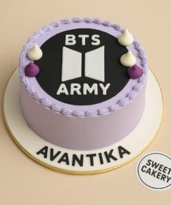 BTS ARMY birthday cake from Sweet Cakery in Bangalore, round lavender cream cake with BTS logo topper
