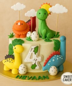 Dinosaur theme birthday cake from Sweet Cakery featuring colourful fondant dinosaurs, eggs, jungle leaves, and sun on a round cake