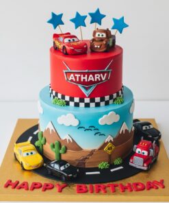 Custom Disney Cars theme birthday cake in Bangalore. Fun design with cars, road scenes, and details. 100% eggless & personalised.